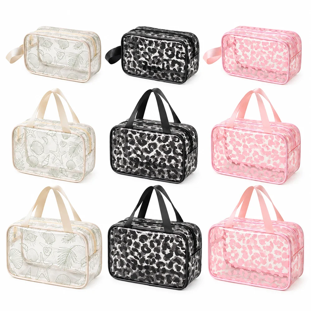 Portable Transparent Toiletry Bag Waterproof Large Capacity Cosmetic Bag Carry Handles PVC Makeup Pouch