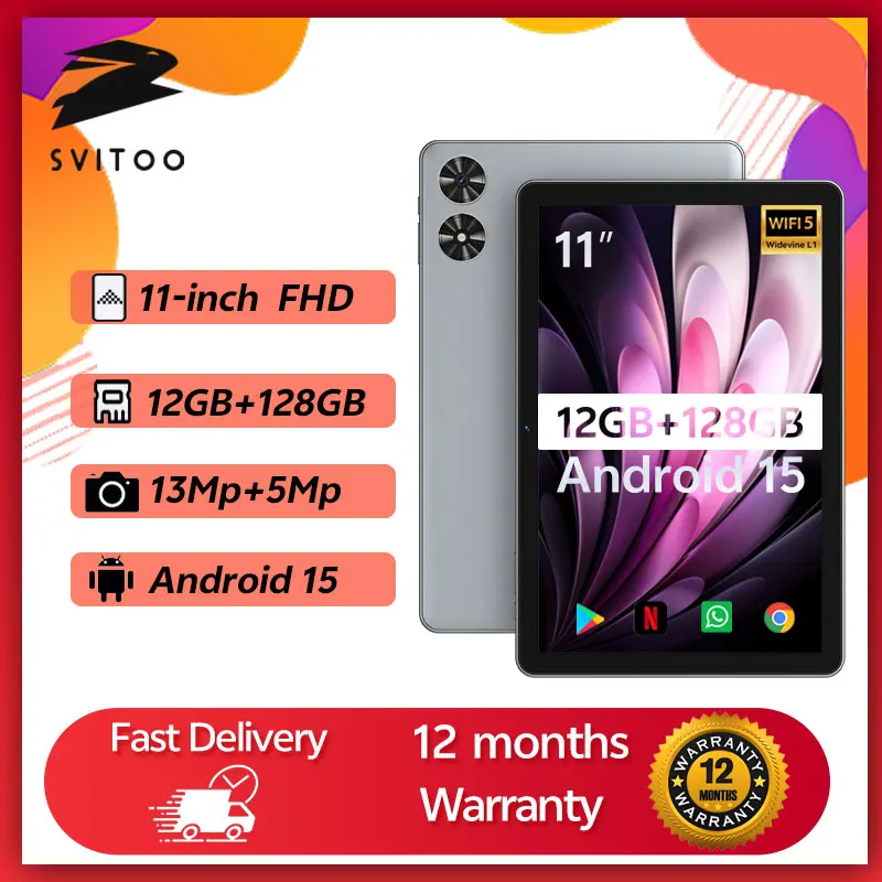 SVITOO 11-Zoll 2025 Tablet Android 15 12 GB RAM 128 GB ROM Octa Core 8000 mAh Android Tablet PC 13 MP + 5 MP HD Android Tablets