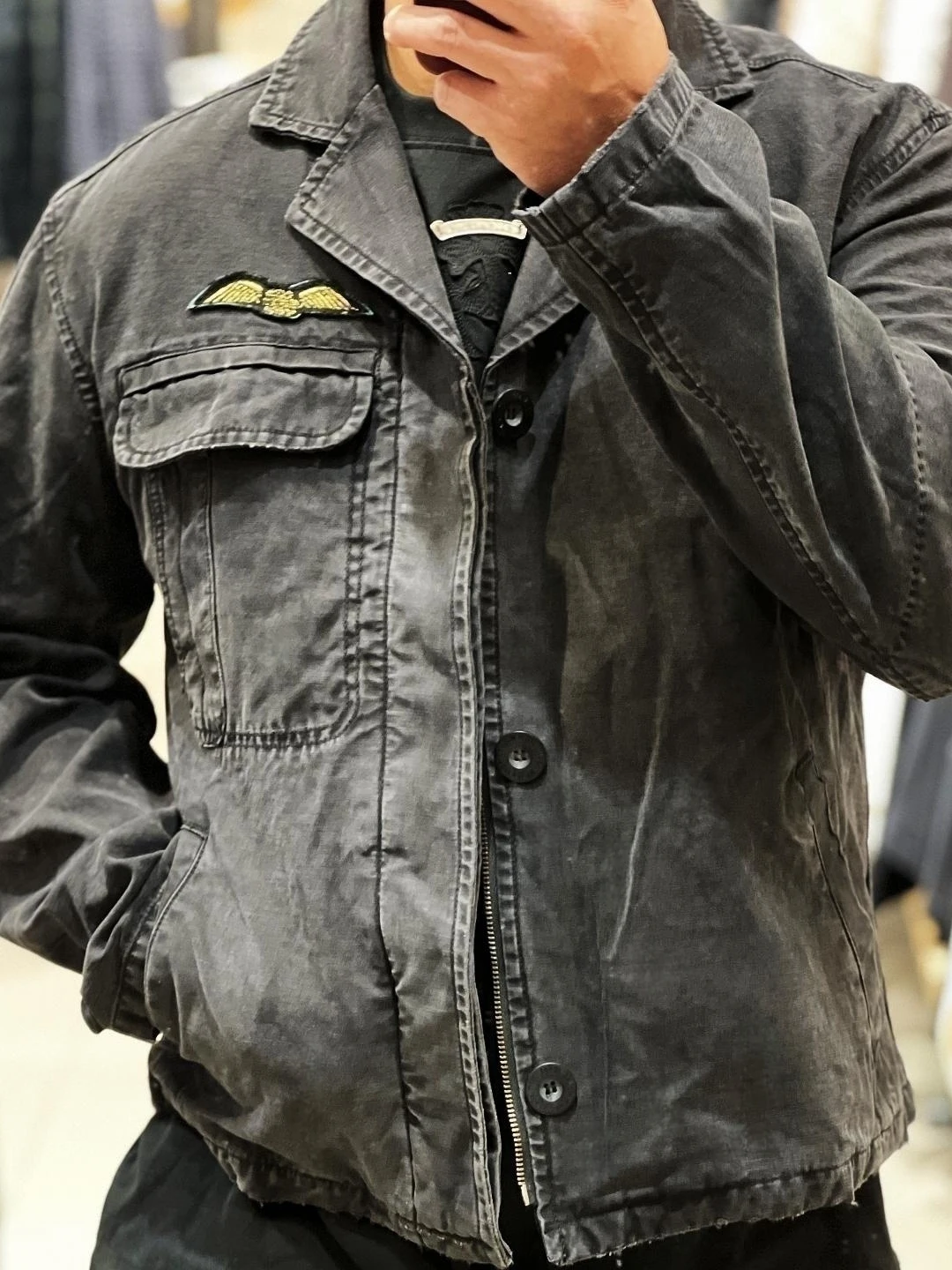 Vintage American Military Style Worn-look Canvas Jacket Short Length Embroidered Badge Heavyweight Durable Men's Zipper Coat