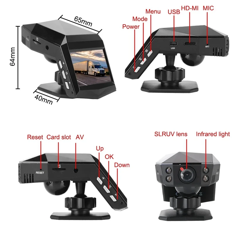 Car Dash Video Recorder Rear View Monitor Dashcam 2Inch Screen 1080P Wide Angle