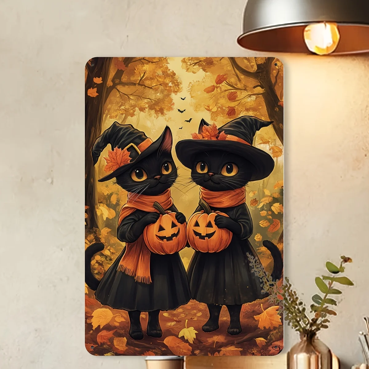 

Vintage Halloween Witch Cats Tin Sign, Iron Metal Wall Art with Pumpkin Lanterns, Indoor/Outdoor Decorative Hanging Painting fo