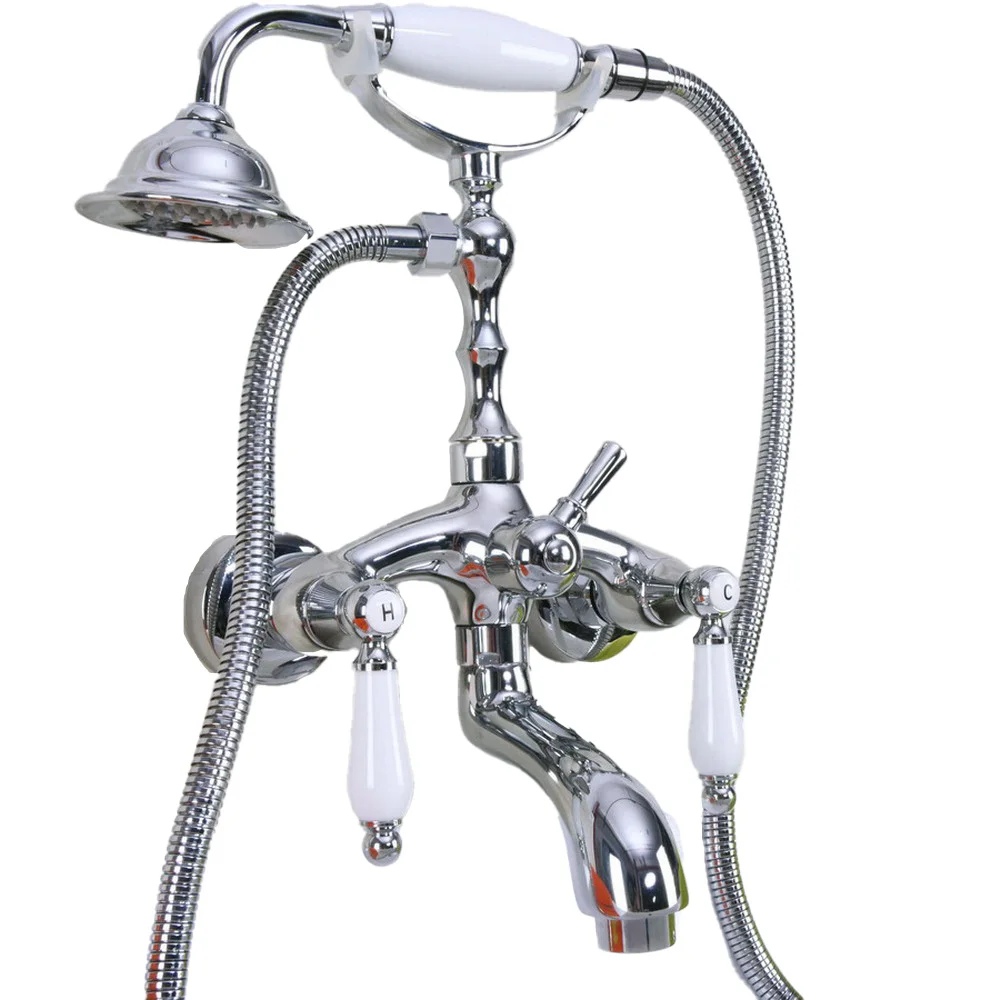 

Polished Chrome Clawfoot Bathtub Faucet Set with Handheld Shower Dual Handles Mixer Taps Wall Mounted tna221