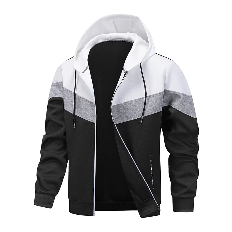 Autumn Men Coat American Retro Contrast Color Pacthwork Male Outerwear Long Sleeve Zipper Versatile Man Hooded Jacket