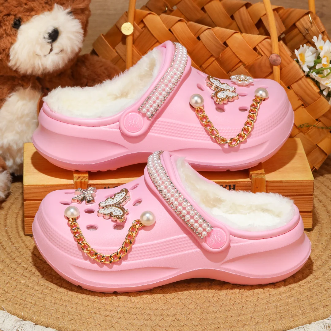 Kids Fur Lined Clogs and Mules, Lightweight Cotton Lined Garden Shoes, Winter Warm House Slippers for Boys Girls Toddler 168