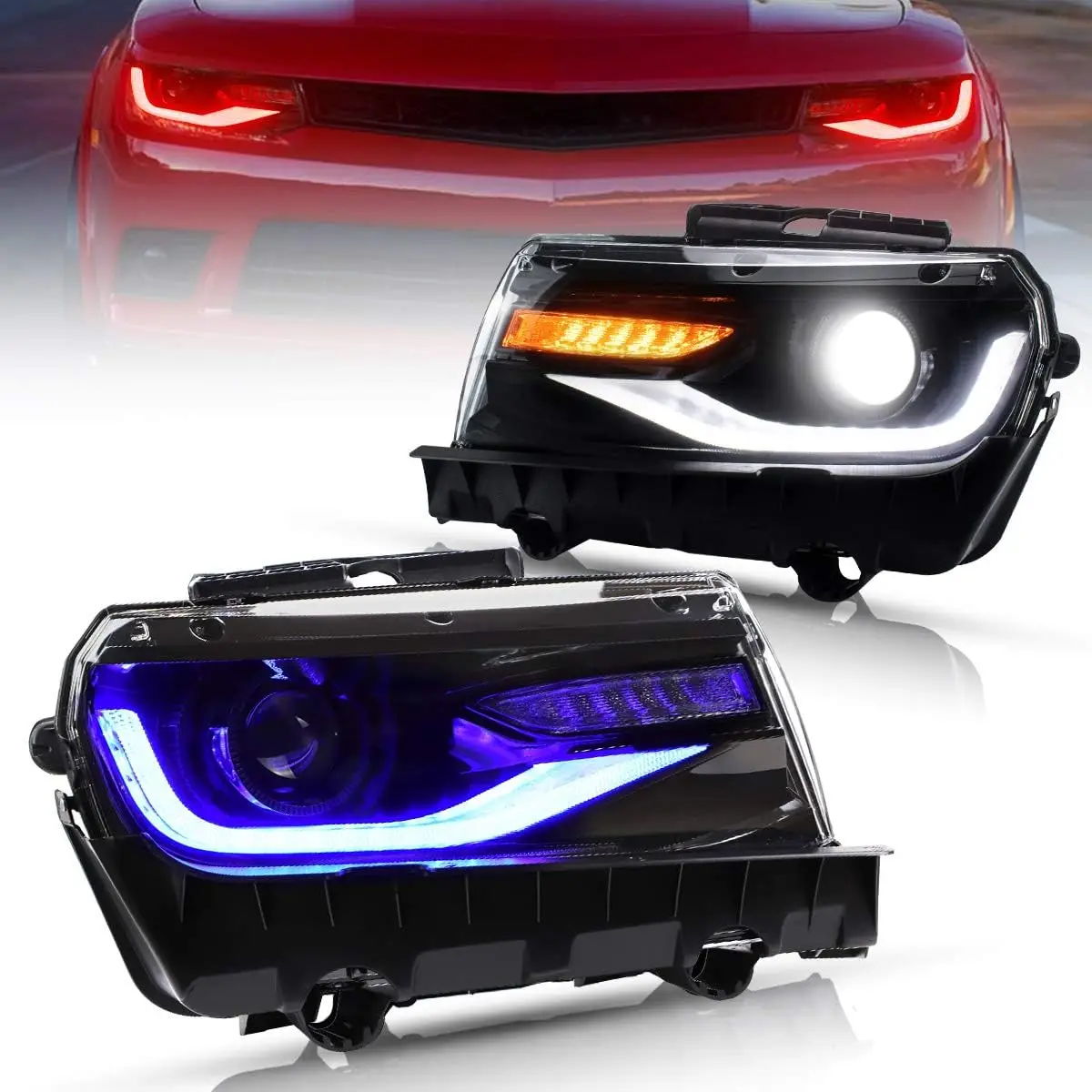 LED RGB Headlights for Chevrolet Camaro 2014 2015 Colorful DRL Amber Sequential Indicator