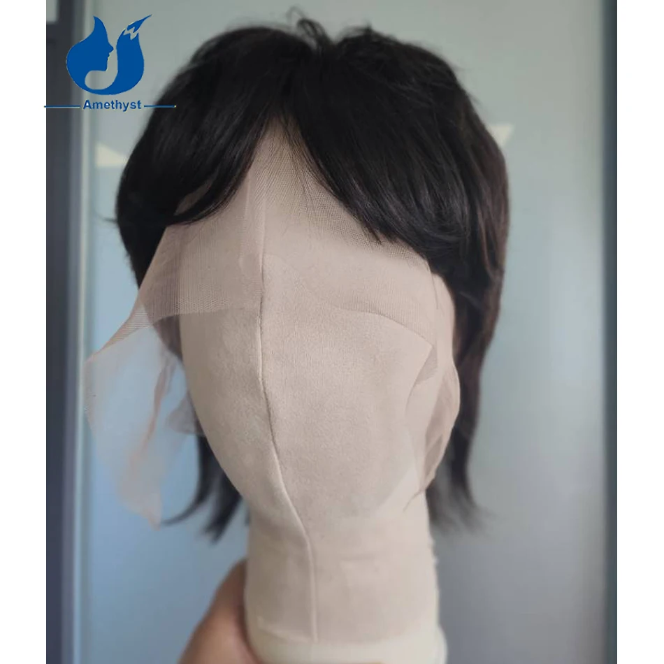 Amethyst Mullet Short Pixie Cut Men's Wig Human Hair with Bang Natural Black 13x6 Lace Front Wig Brazilian Remy Pre Styled - Image 2