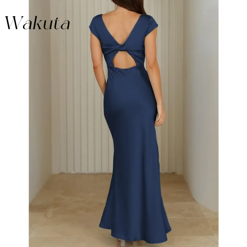 Wakuta Elegant Simple Satin V-Neck Cap Sleeve Solid Vestidos Sexy Backless Twisted Hollow Midi Wedding Guest Dresses فستان سهرة