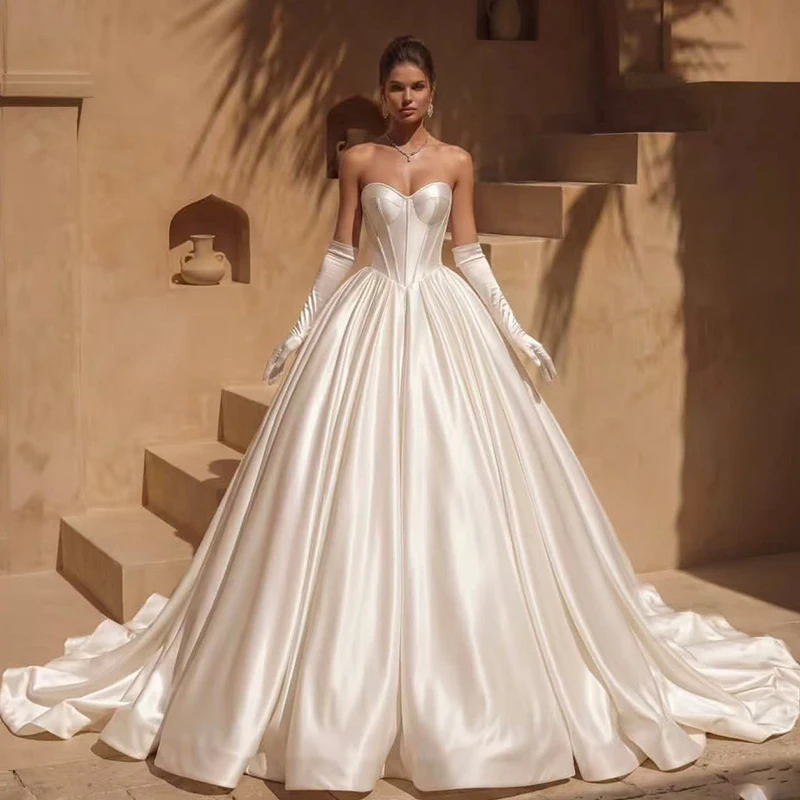 

Charming Wedding Dress Fully Satin Princess Ball Gown Strapless Sleeveless Customized Bridal Dress Backless Robe MariéE Satin