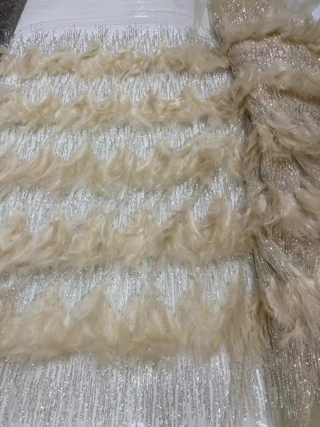 Luxury 3D Feather Lace Fabric 5 Yard Dubai Hand Beaded Tulle Lace Fabric Embroidered Applique African Nigerian Fabric For Sewing