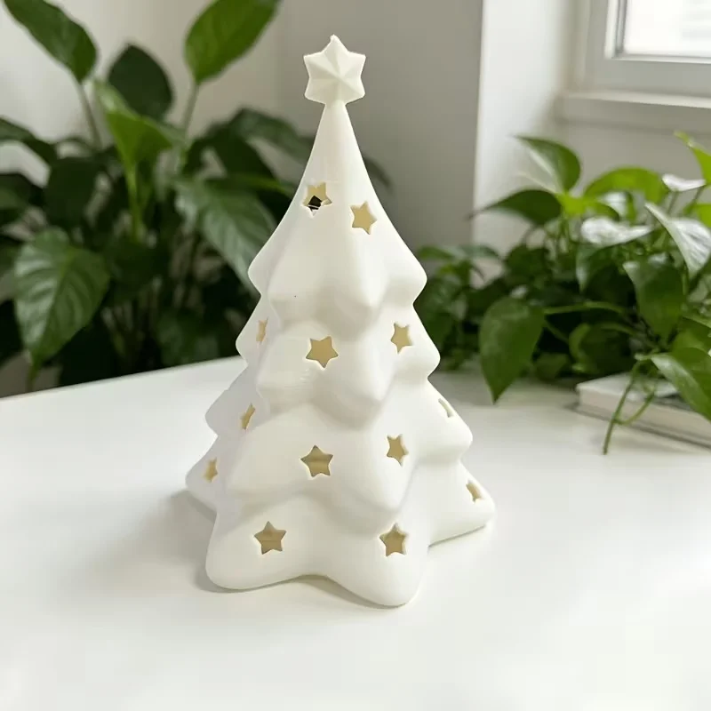 3D‑Printed Hollow Star Christmas Tree Plastic Lamp Shade Cute Xmas‑shaped Tealight Holder Desktop Ornament Home Decor Accessory