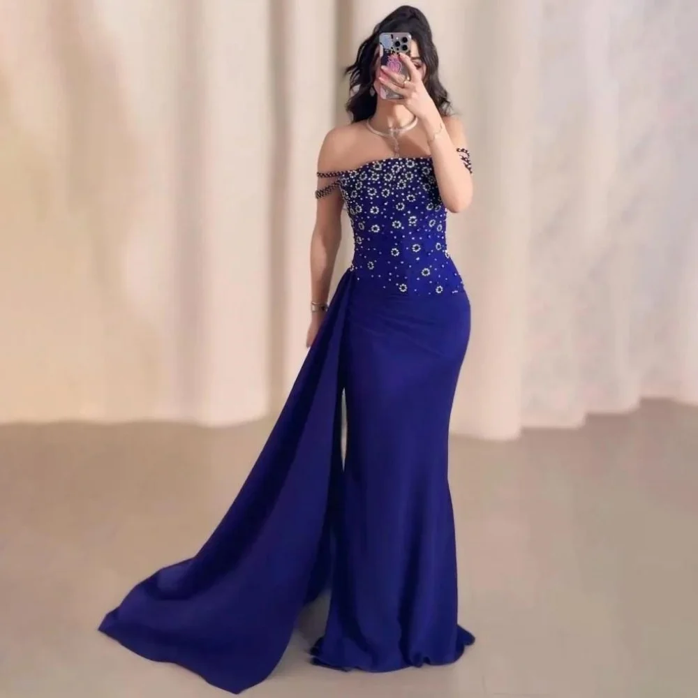 

Customized Exquisite Off The Shoulder Mermaid Evening Dress Charming Boat Neck Beading Prom Dress Ruffles Party Gown فساتين س