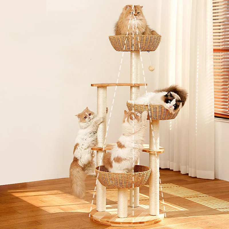 Solid Wood Cat Tower Tree Nest Game Climbing Frame Hammock Scratching Post Cats Mat Sofa Products Pet Products for Kittys