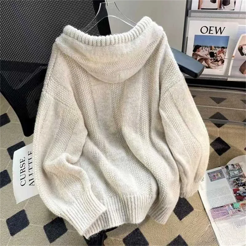 Beige Color Hooded Sweater with Autumn And Winter Korean Loose And Lazy Style Soft And Thick Drawstring Knit Hoodie Top Female