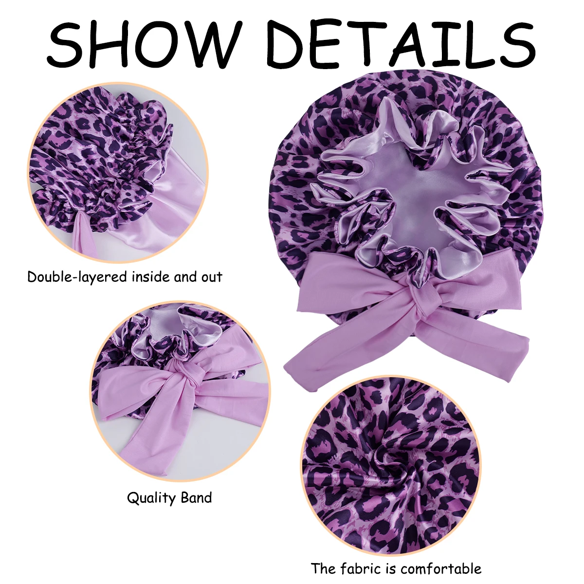 قبعة نوم للسيدات بطبعة الفهد الأرجواني مع شريط طويل وعقدة فراشة ناعمة ومريحة هدية العيد للطلاب والعائلة