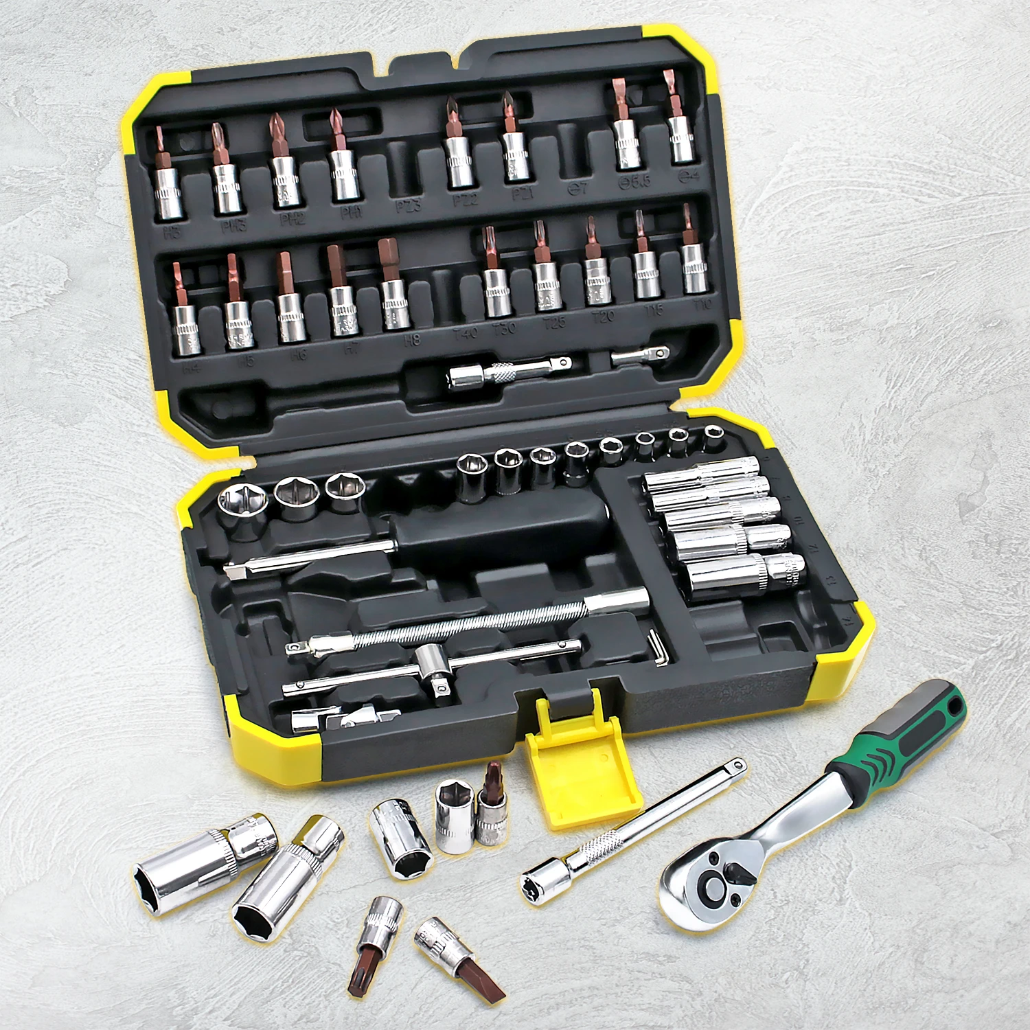 

53PCS 1/4” Socket Wrench Set, Ratcheting Tool Kit with Extension & Gimbal Bars for Automotive Repair & Home DIY