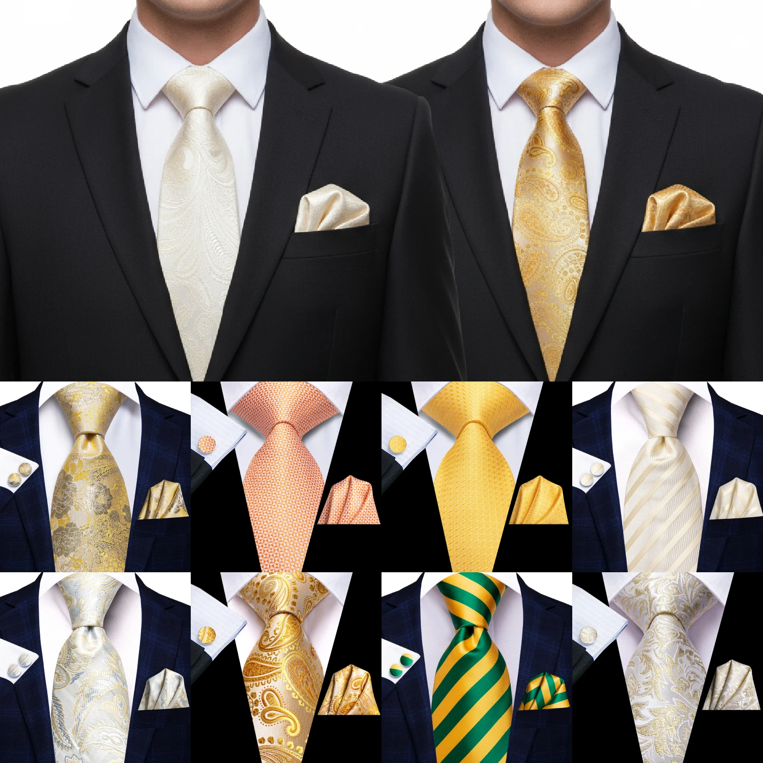 رجل هدية التعادل مجموعة أصفر أبيض الصلبة مخطط الزفاف التعادل للرجال تصميم الأزياء جودة التعادل المنديل أزرار أكمام مجموعة دروبشيبينغ