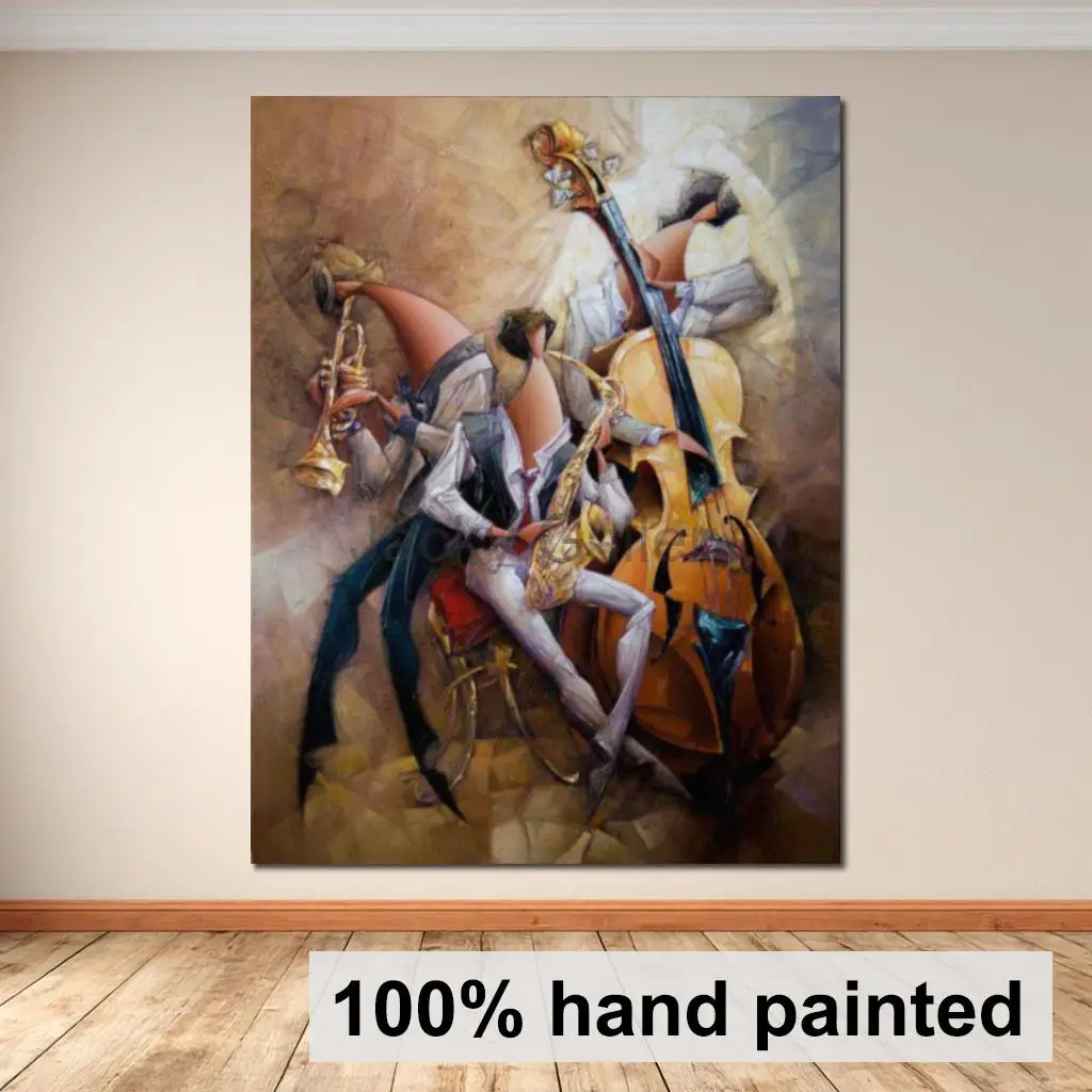 Contemporary Jazz Canvas Art Handmade Abstract Oil Painting Trio Musician Modern Artwork Loft Office Home Decor