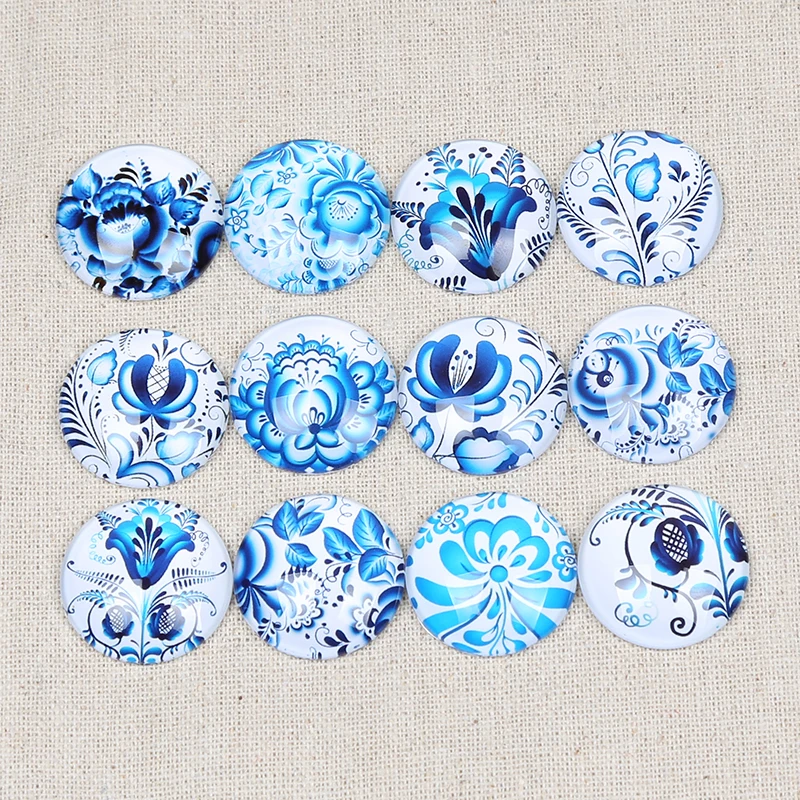 onwear mix blue pottery flower photo pendant glass cabochon 12mm 14mm 20mm 25mm round dome diy jewelry findings