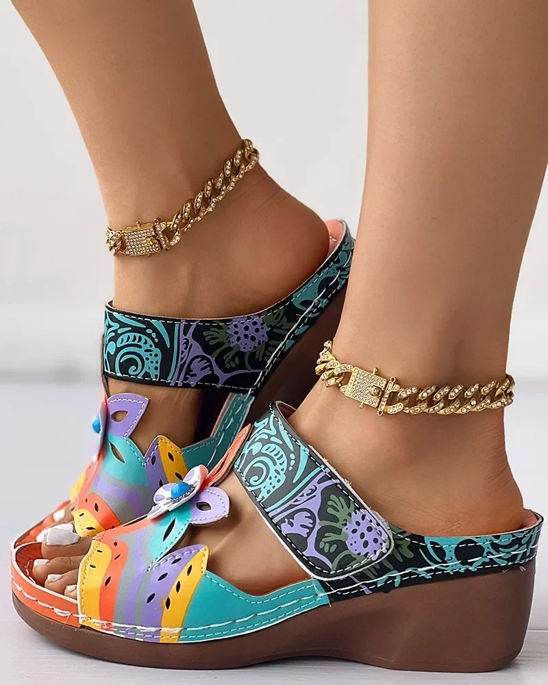 Wedge Slippers Colorblock Tribal Floral Pattern 2024 New Women's Platform Slides Tribal Floral Print Sandals Women Ethnic Shoes
