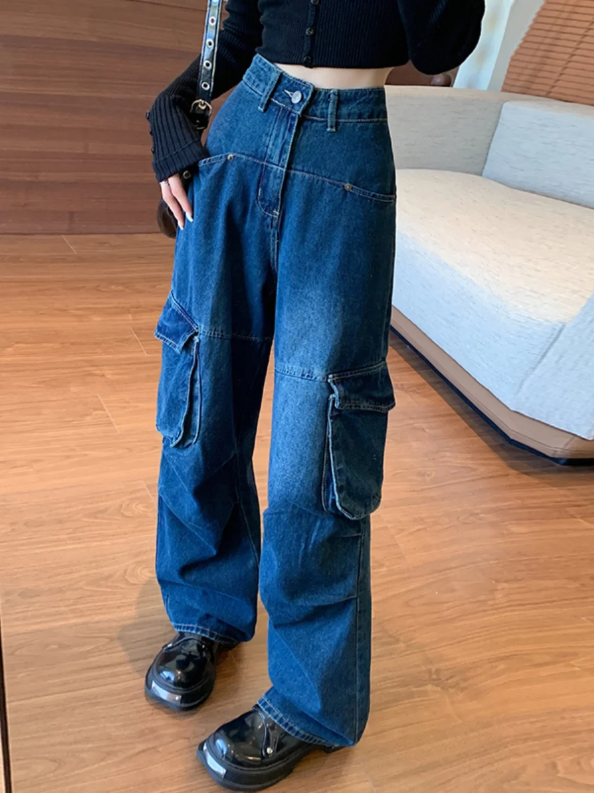 

Autumn Womens Jeans High Waist Baggy Casual Vintage Y2K Plus Size Straight Cargo Pants Street American Wide Leg Denim Trouser