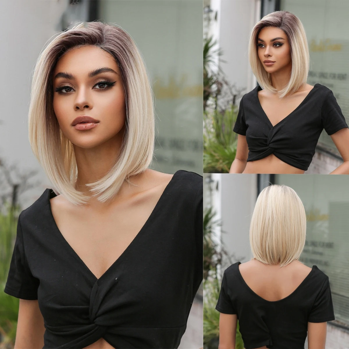 

Wig T lace split short hair straight hair one size fits all wavy hair natural hair seam realistic collarbone hair