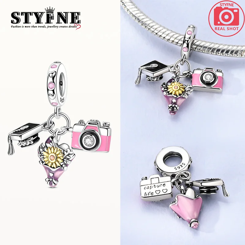 Charms Silver 925 Sunflower Bachelor's Cap Camera Pendants Fit Charms Plata 925 Original Bracelet Beads Women Jewellery Making