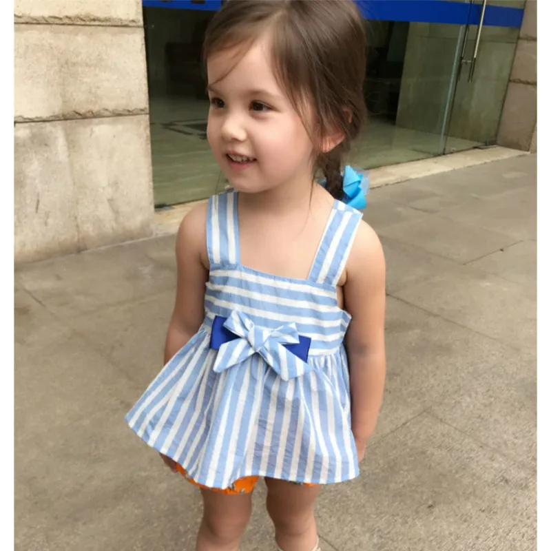 Baby Girl 2Pcs Summer Outfit Blue White Stripe Bow Sling Crop Top + Orange Sunflower Print Bloomer Shorts Infant Casual Clothing