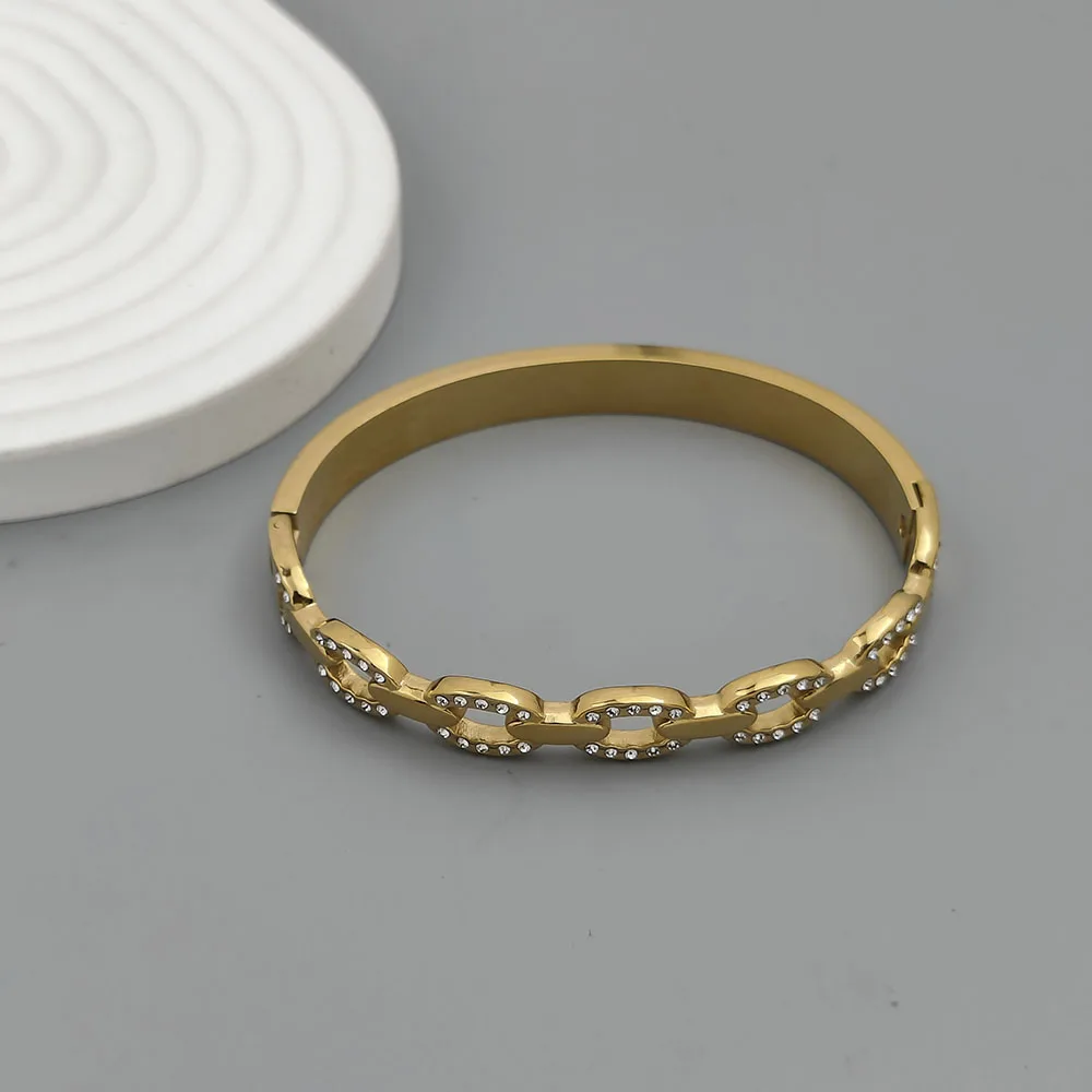 

Gold Paperclip Link Crystal Hinged Bangle for Women, Stainless Steel Sparkling Luxury Jewelry Gift for Daily Party Wear