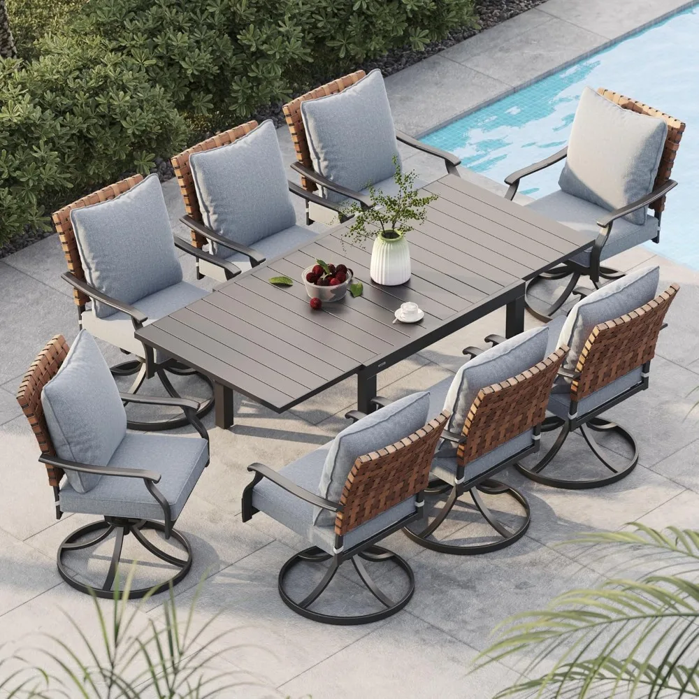 9-Piece Outdoor Dining Set, 8 Leather-Look Wicker Swivel Patio Chairs & 1 Extendable Rectangular Dining Table, Black