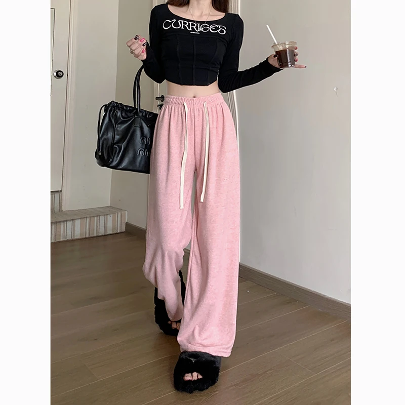 

Winter Autumn Women Pants High Elastic Waist Loose Wide Hem Soft Knit Trousers for Girls