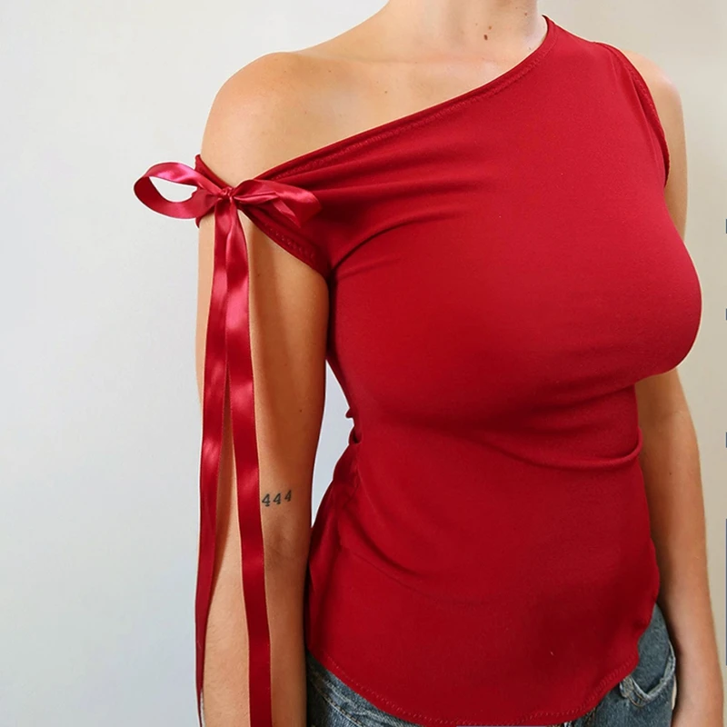 

90s Vintage Elegant Tank Tops Women T-shirt Asymmetric Ribbons Tie-up Slim Fit Cropped Tops Clubwear Summer Vest Streetwear