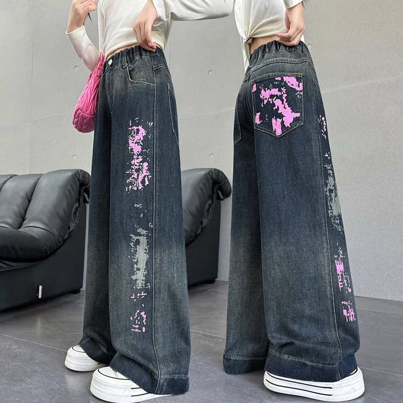 

Модные детские прямые джинсы с принтом тай-дай для детей, синие брюки, спортивные штаны, модные уличные джинсовые брюки для девочек