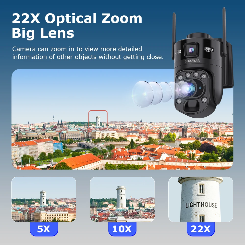 SHIWOJIA 24/7 Recording Solar Security Cameras 10MP 22X Optical Zoom 360° AOV Cameras for Home Security Auto Tracking 10050mA