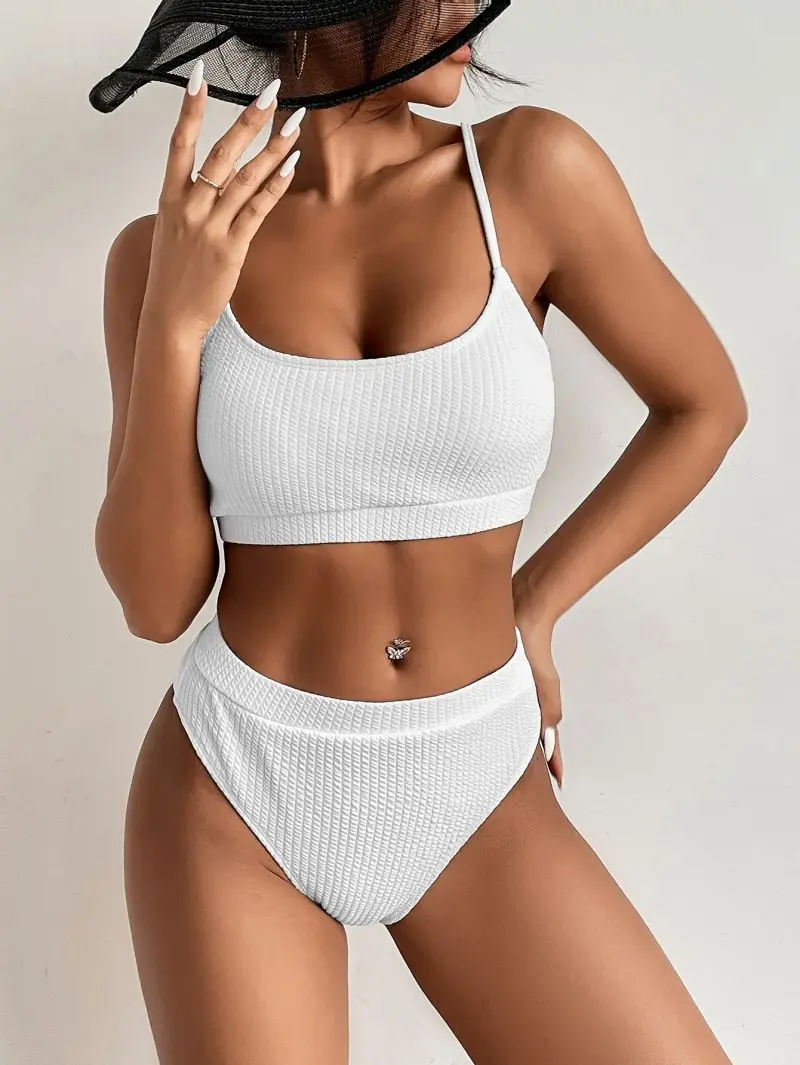 

High Waist Bikinis Women's Swimsuit Push Up Swimwear Solid Biquini Ribbed Bathing Suits Summer Beachwear 2023 New