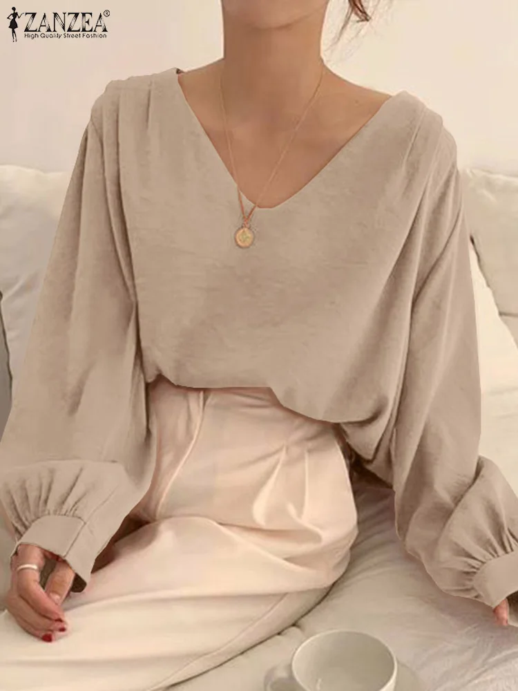 ZANZEA Casual Loose Women Tops Oversized Korean Blouse Sexy 2024 Spring Long Lantern Sleeve Shirt Fashion V-Neck Blusas Tunic