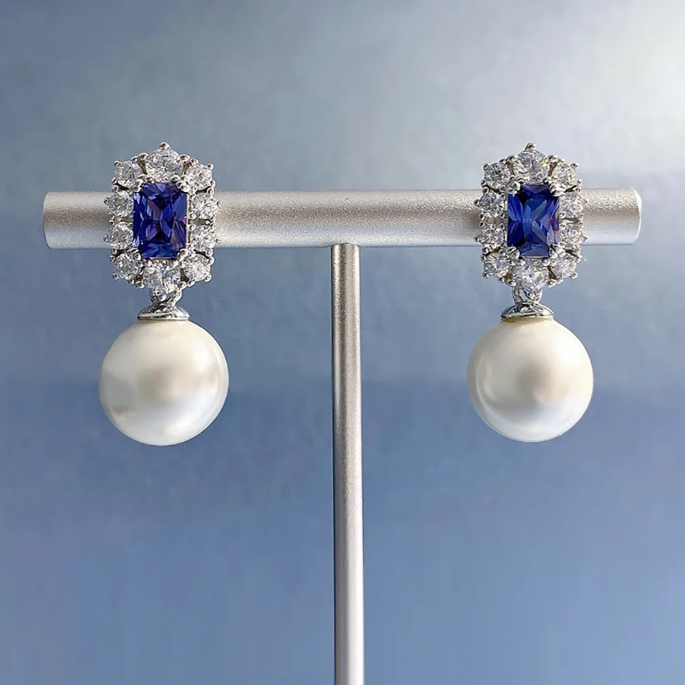 Vintage Noble 100% 925 Real Silver 12mm Pearl Sapphire Drop Earrings for Women Lab Diamond Gemstone Wedding Fine Jewelry Gifst