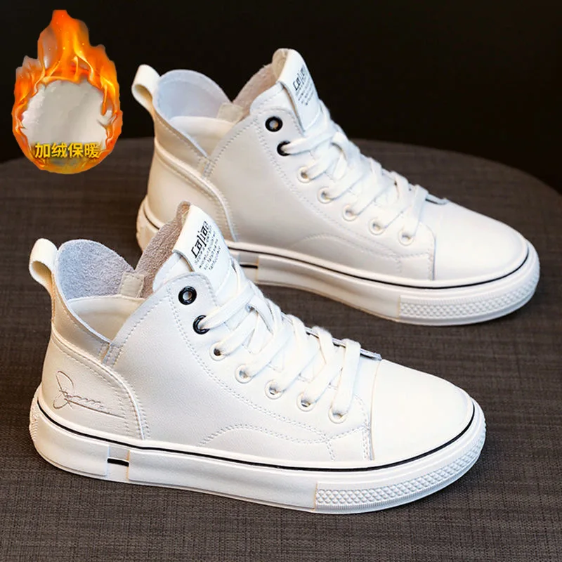 

White Leather High Top Sneakers For Women Lace Up Design Round Toe Non Slip Flat Sole Casual Shoes With Signature Embroidery Ver