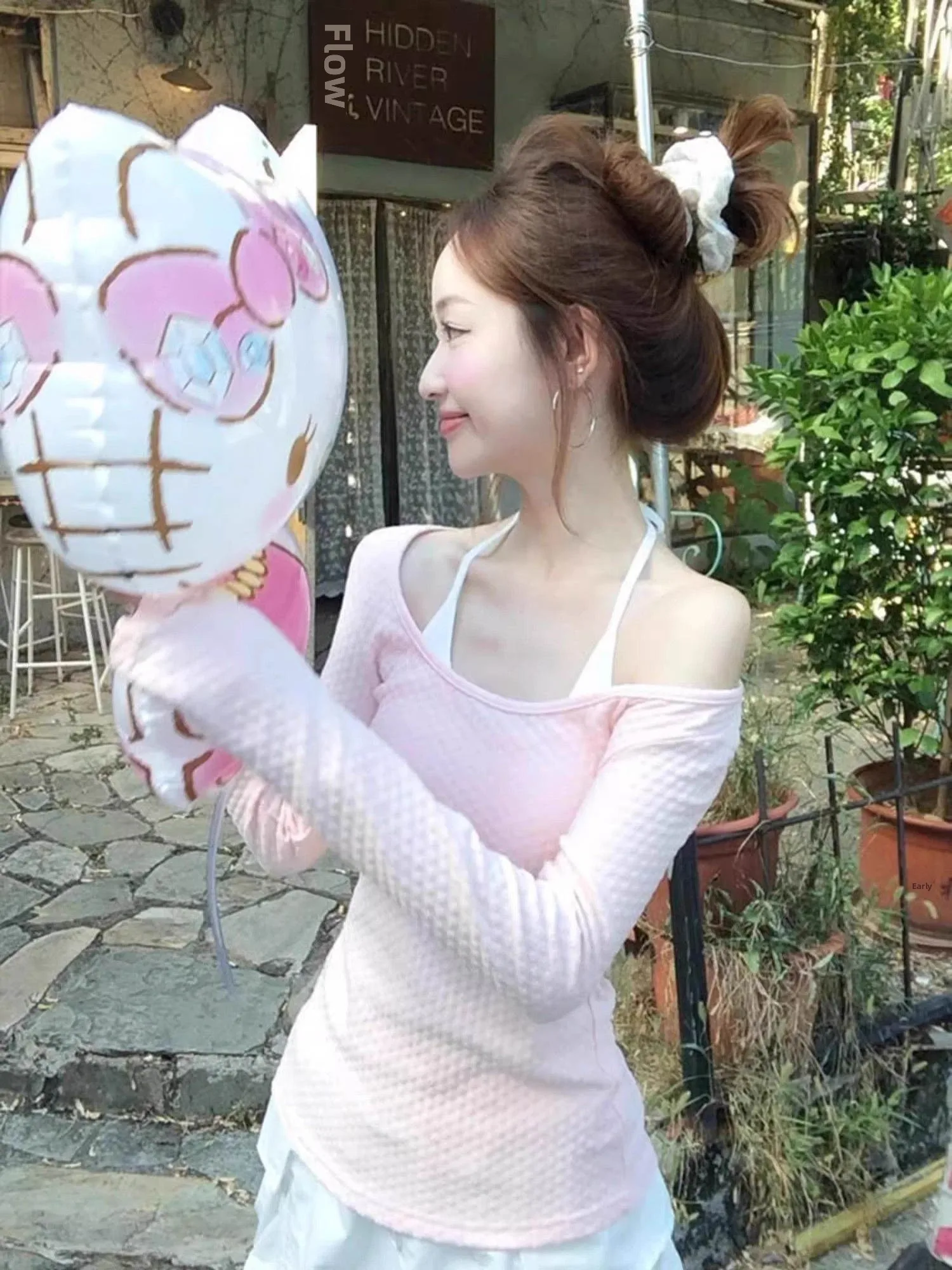 الحلو الوردي النقي طويل Sve Ne شنقا تي شيرت المرأة الربيع الصيف تصميم الإحساس oulder كلمة واحدة ضئيلة ort الأعلى #1