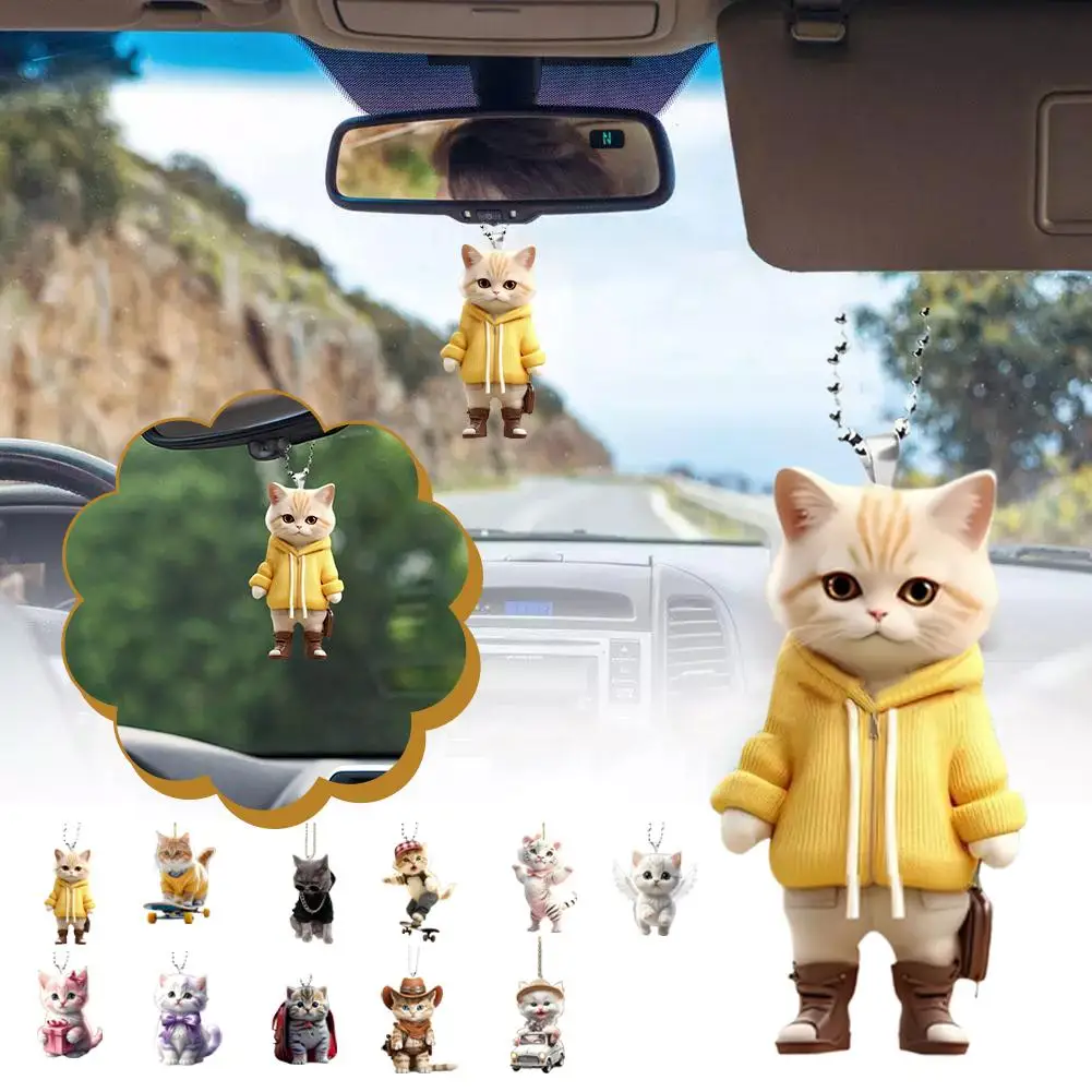 

2D Car Hanging Pendant Rearview Mirror Decoration Cartoon Cat-Shaped Acrylic Hanging Ornament Car Interior Decor Cat Keychain