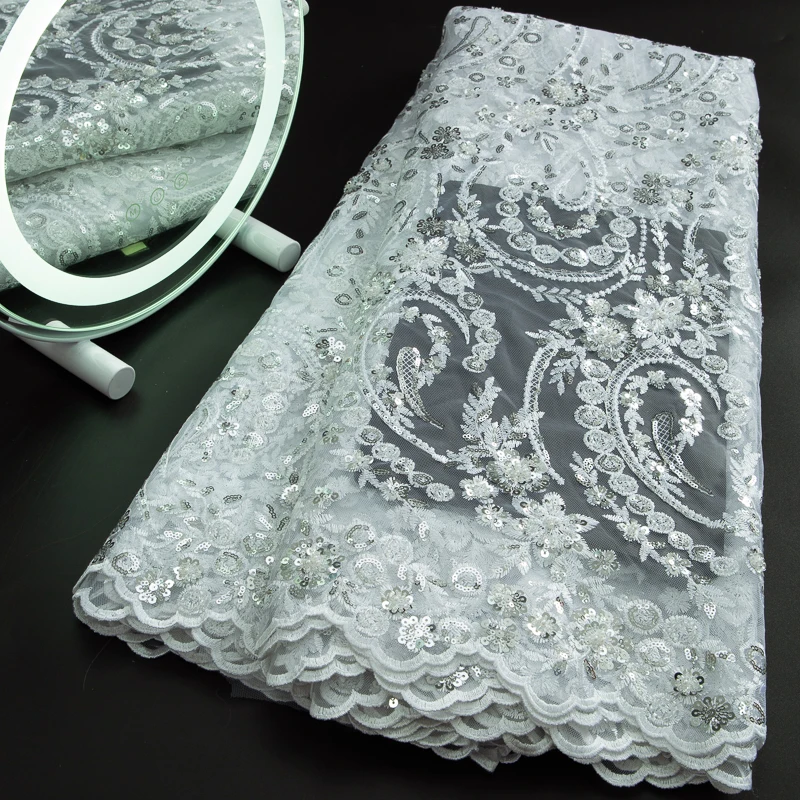 

New French Mesh Lace with Handmand Beads 2023 High Quality 3245 African Sequined Lace Fabric for Women Luxury Party DressA3245