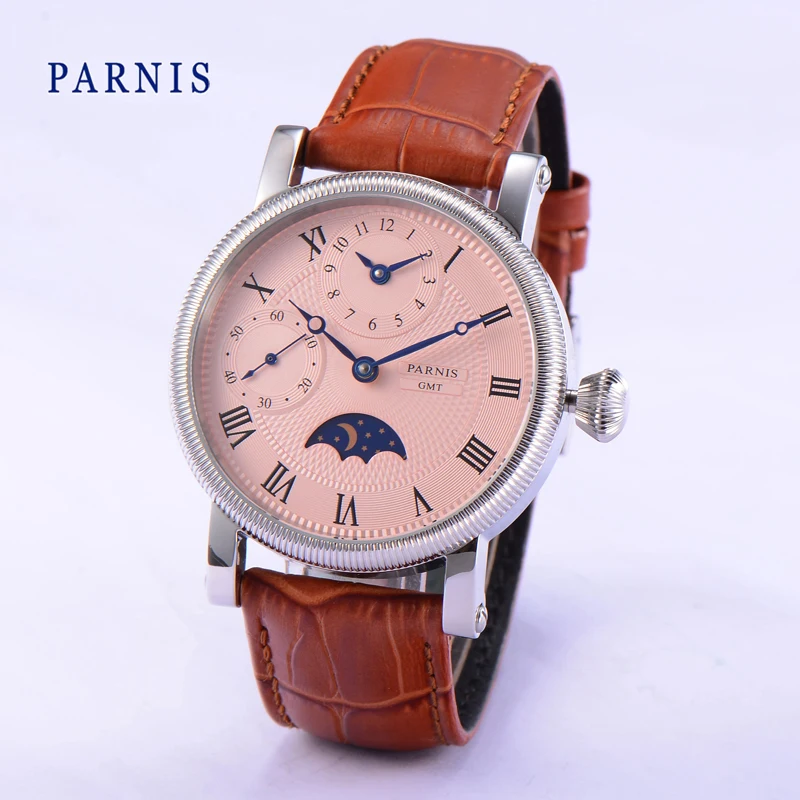 Imagem -02 - Nova Moda Parnis 43 mm Pink Dial Handwind Homens Relógios Pequeno segundo Pulseira de Couro Mecânica Mão Vento Relógio de Pulso Homem Relógio Presente