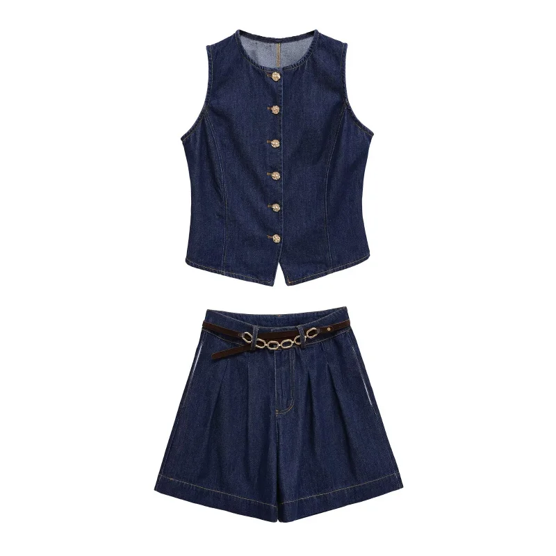 ETJ 2025 TRAF Nueva colección para mujer Serie 1975 Chaleco vaquero con botones dorados estilo vacaciones y pantalones cortos con cinturón plisado de mezclilla