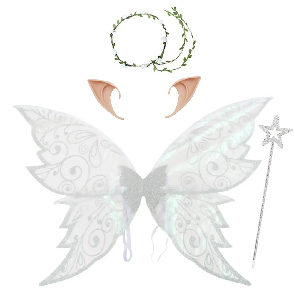 Fancy Butterfly Fairy Elf Wings Dress Up Sparkling Halloween Cosplay Party Props Ear Garland Costume Wings Adults Children