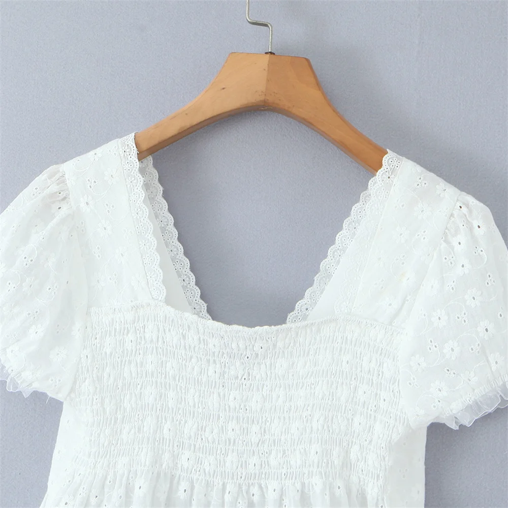 Frauen sommer neue lässig kurzarm V-ausschnitt patchwork spitze hohl stickerei spitze up blase hülse kurze top