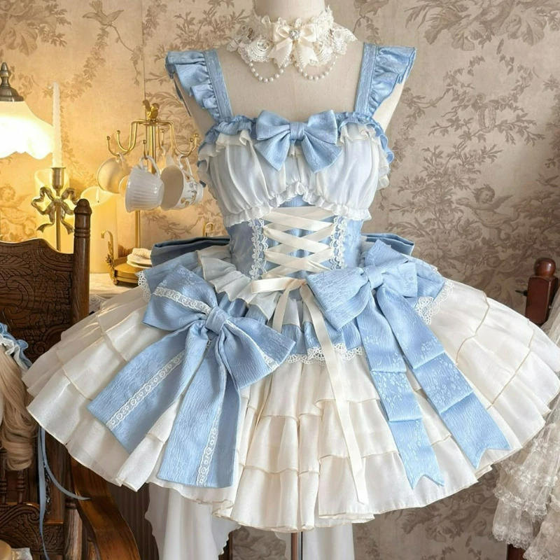 Japanisches Viktorianisches Elegantes Lolita JSK Kleid Damen Vintage Süße Spitze Schleife Schlankes Bandage-Prinzessinnenkleid Abendparty Minikleid