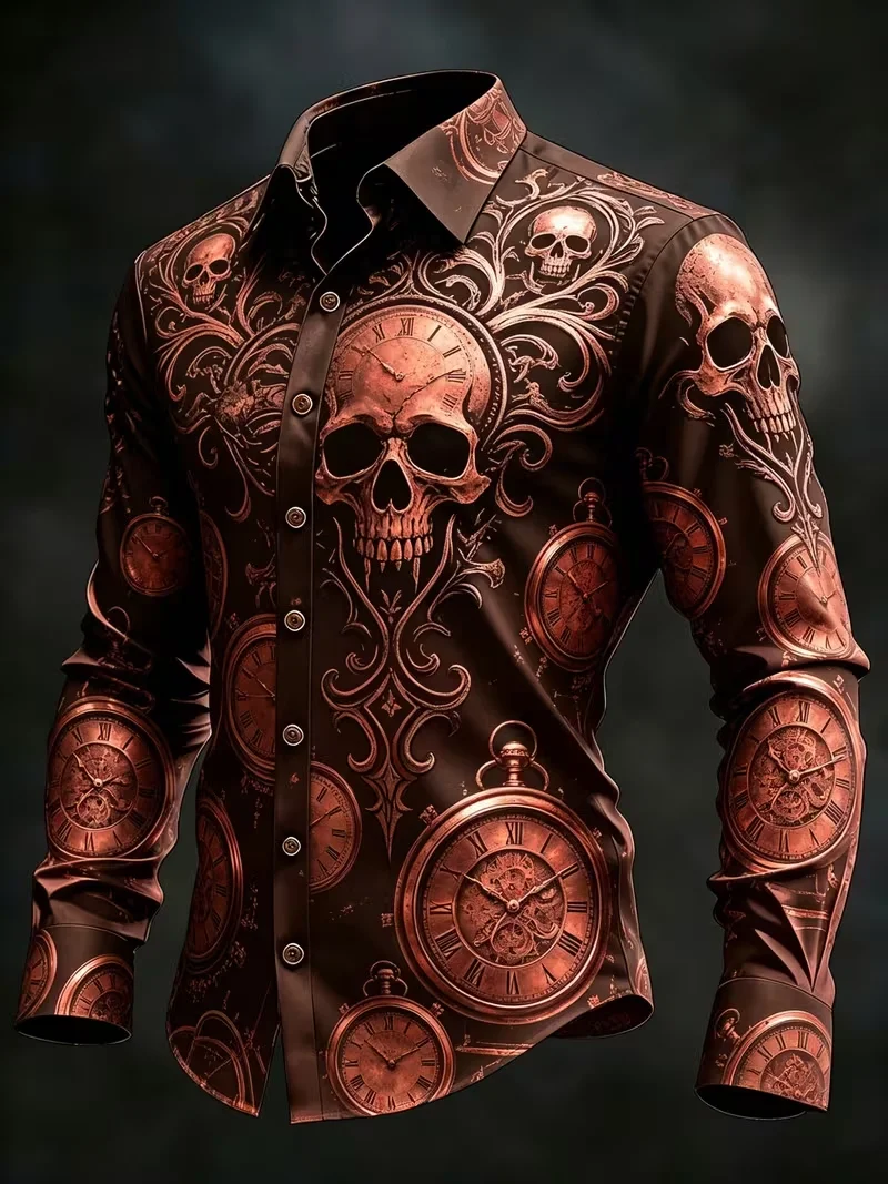 New Men's Flame Black Crow Baroque Curly Grass Splicing Printed Long Sleeve Shirt High Gloss Satin Collar Top