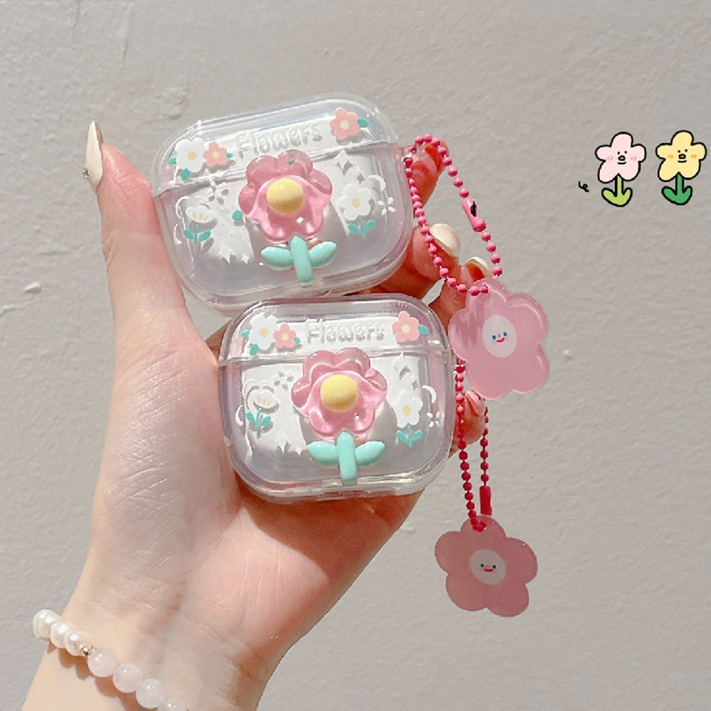 Funda de lujo con flores 3D para AirPods Pro 2, carcasa transparente para auriculares con Bluetooth, colgante de Smiley, llavero, 1, 2, 3