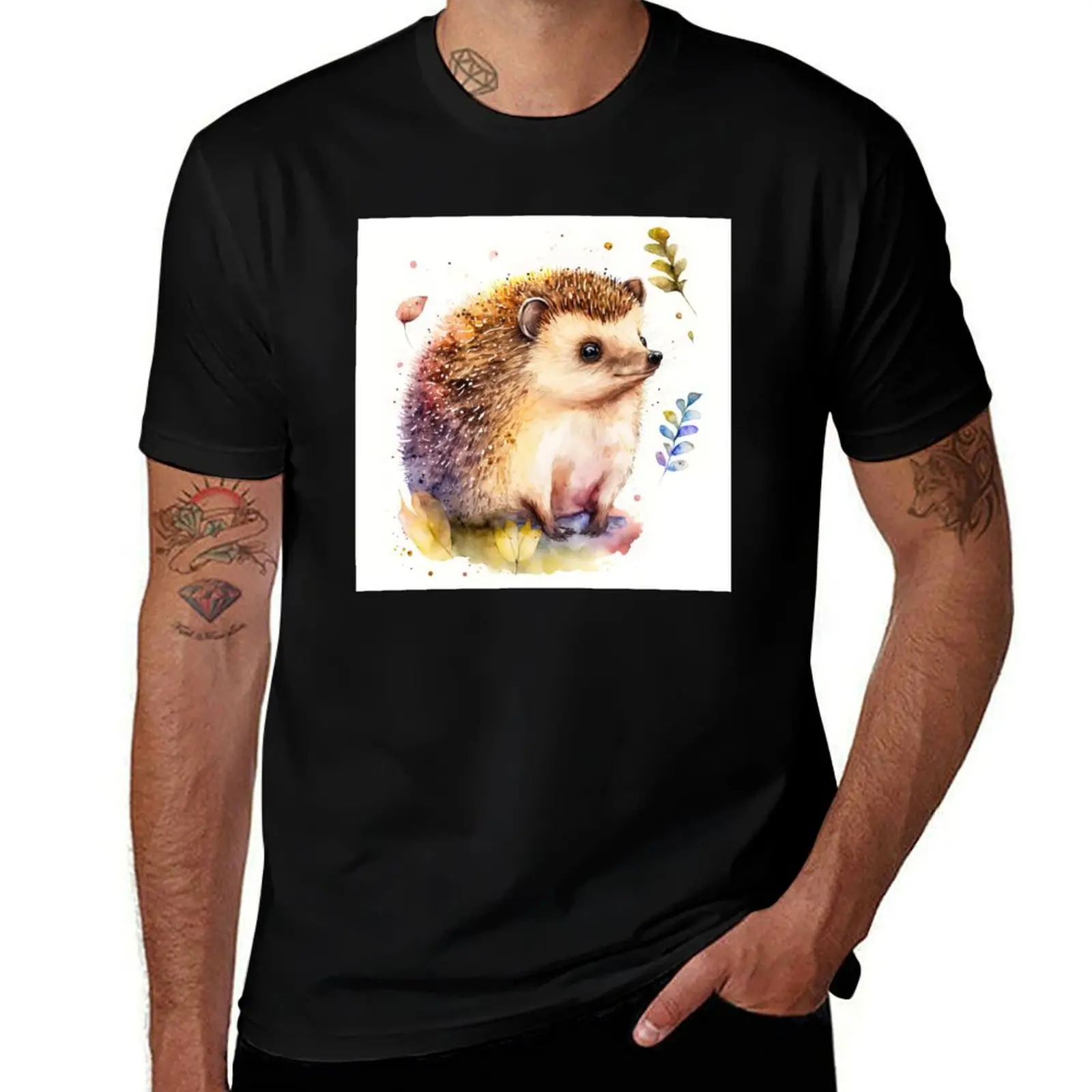 

Watercolor Cute Baby Hedgehog, Colorful Hedgehog Piglet T-Shirt funny costumes quick drying plus sizes Men's cotton t-shirt