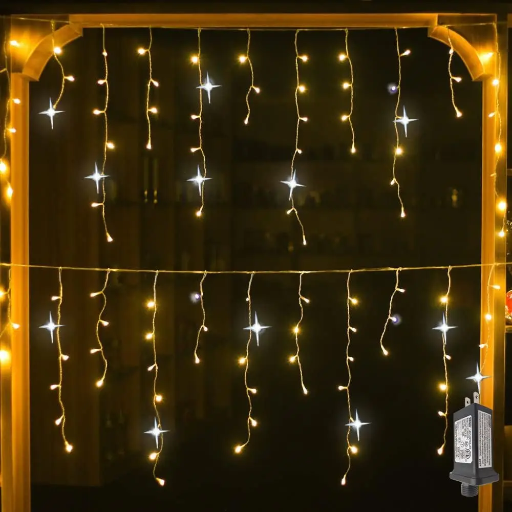 Christmas Decorations 2025 Festoon Led Icicle Curtain Lights(Warm White+Cool White Strobe)4M(W)*0.4/0.5/0.6M(H) US/EU Plug New Y