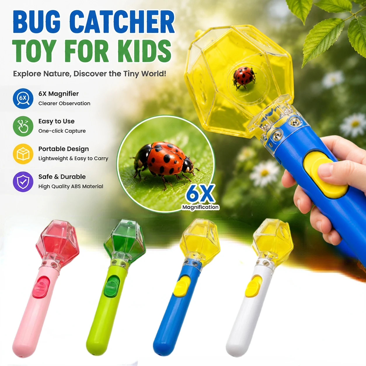 Kids Bug Catcher with 6X Magnifier Outdoor Nature Exploration Educational Toy Handheld Insect Viewer & Trap for Children